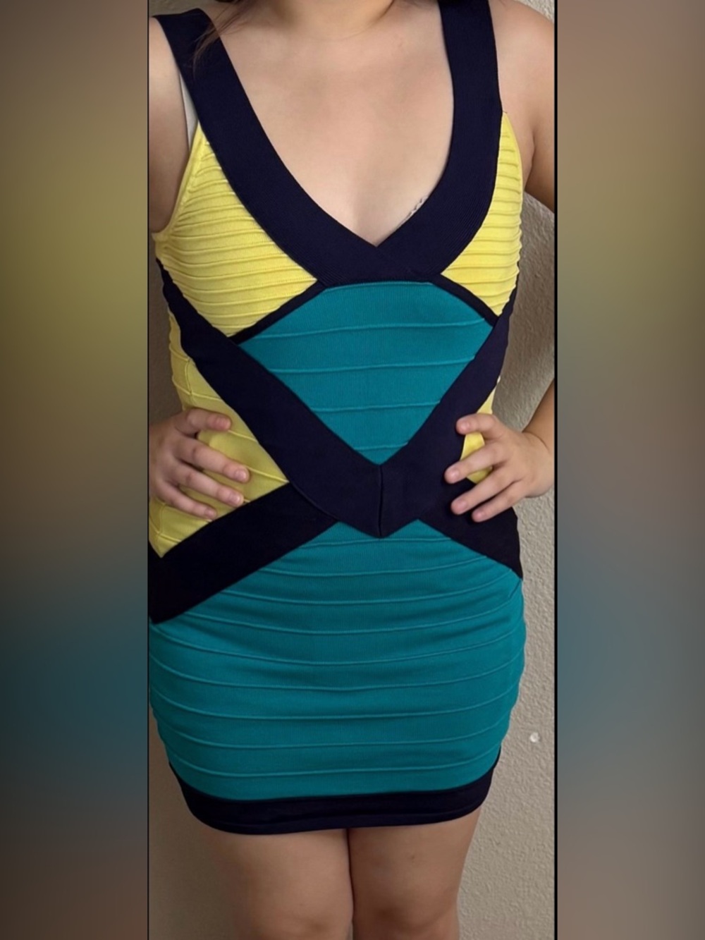 WOW couture Teal, Yellow & Navy Colorblock Bandage Dress Size Large
